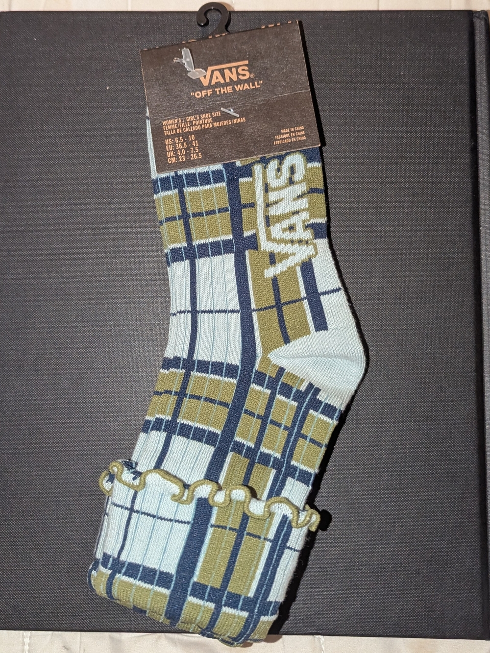 Vans Plaid Crew Socks in Light Blue & Olive with Navy Accents
